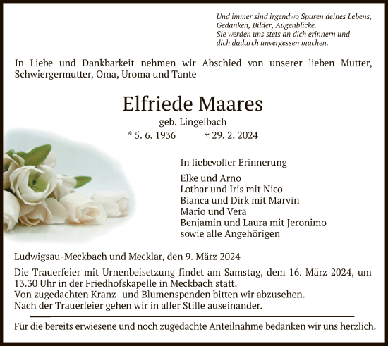 Traueranzeige von Elfriede Maares von HZHNA