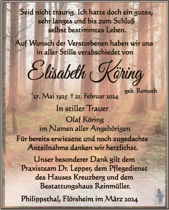 Traueranzeige von Elisabeth Köring von HZHNA