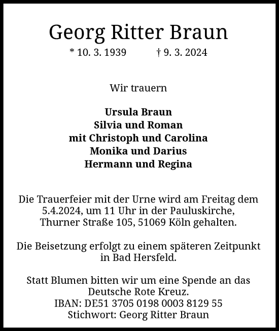 Traueranzeige von Georg Ritter Braun von HZ