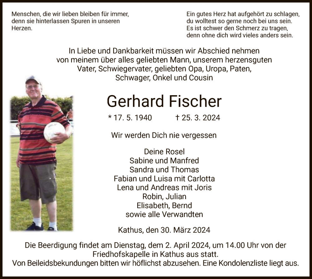  Traueranzeige für Gerhard Fischer vom 30.03.2024 aus HZ