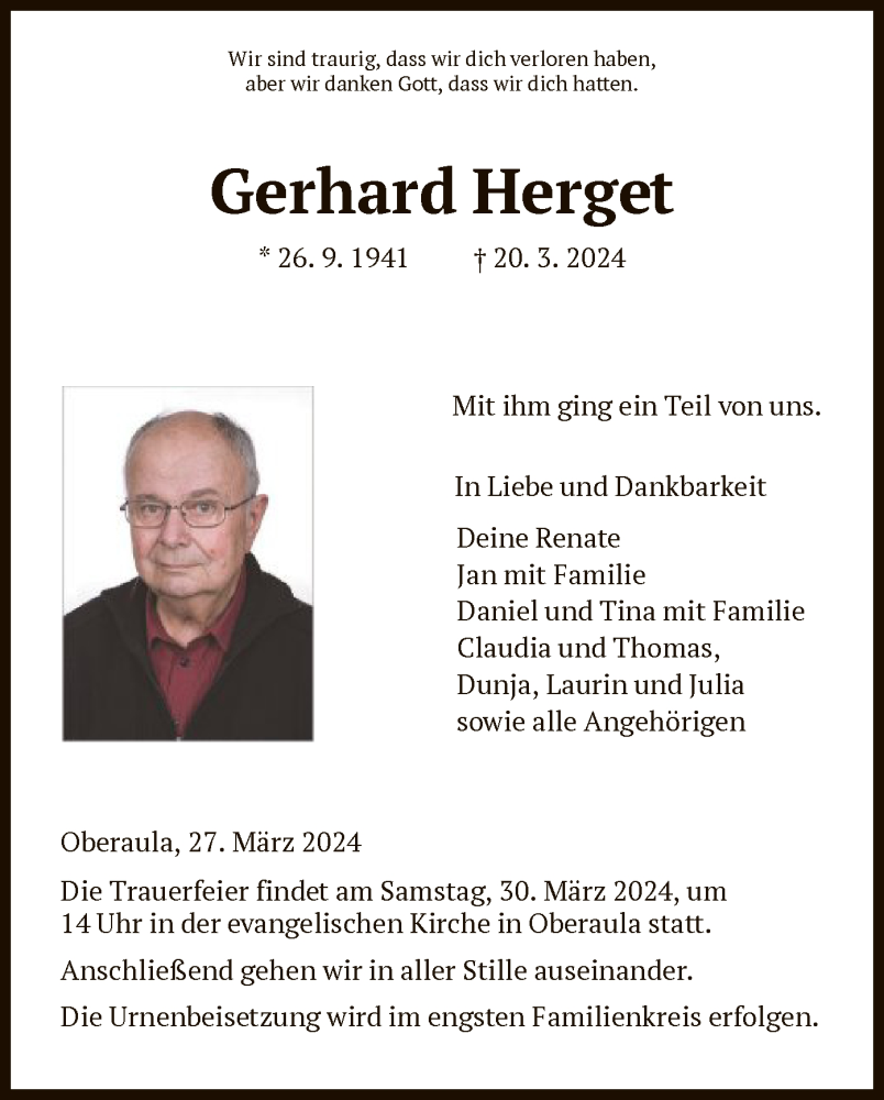  Traueranzeige für Gerhard Herget vom 27.03.2024 aus HNAHZ