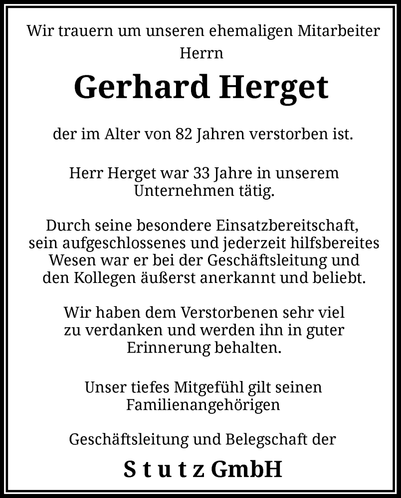  Traueranzeige für Gerhard Herget vom 27.03.2024 aus HZ