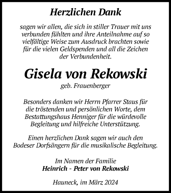 Traueranzeige von Gisela von Rekowski von HZ