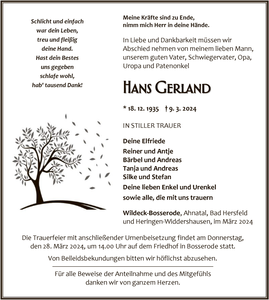 Traueranzeige für Hans Gerland vom 23.03.2024 aus HNAHZHNA