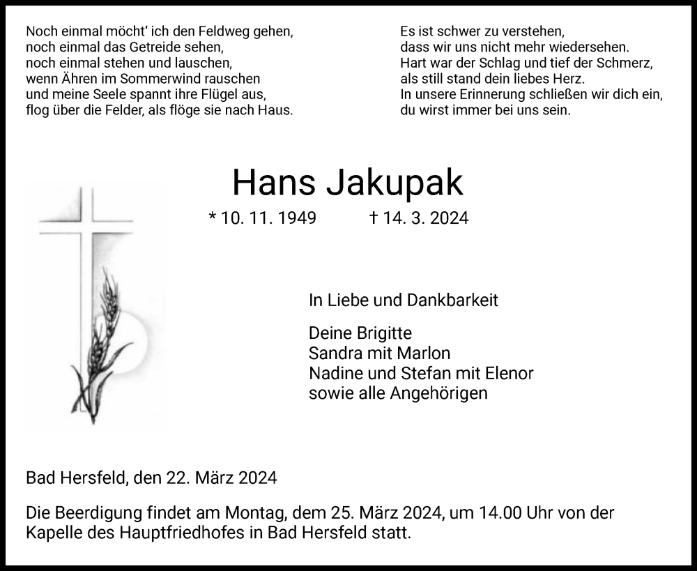  Traueranzeige für Hans Jakupak vom 22.03.2024 aus HZ