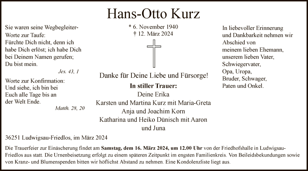  Traueranzeige für Hans-Otto Kurz vom 14.03.2024 aus HZ