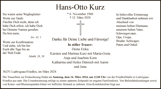 Traueranzeige von Hans-Otto Kurz von HZ