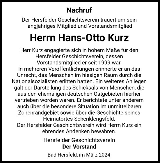 Traueranzeige von Hans-Otto Kurz von HZ