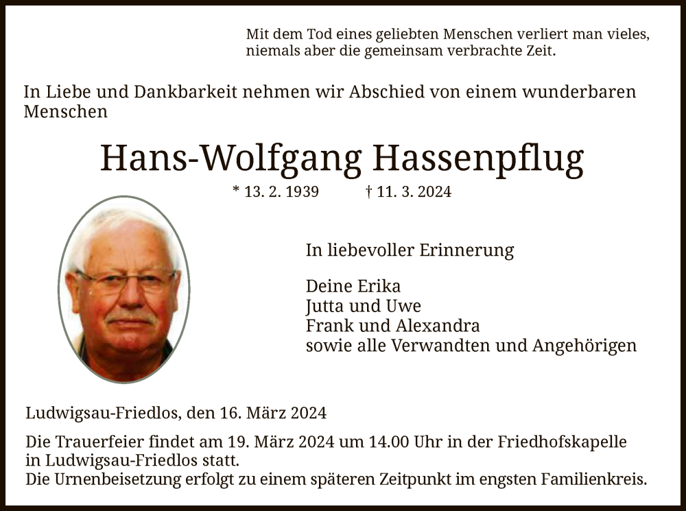  Traueranzeige für Hans-Wolfgang Hassenpflug vom 16.03.2024 aus HZ