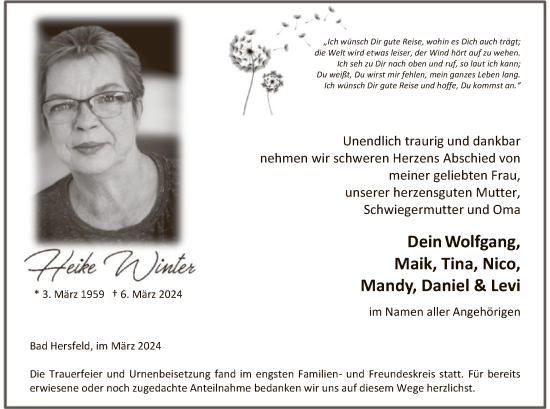 Traueranzeige von Heike Winter von HZ