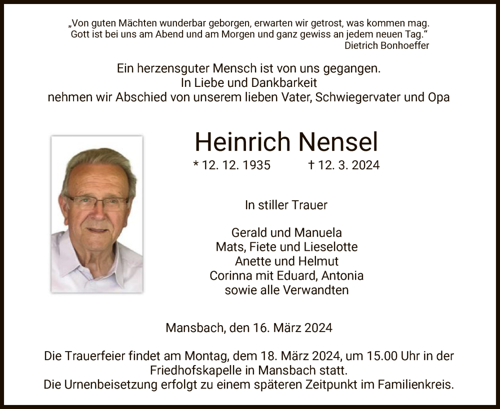  Traueranzeige für Heinrich Nensel vom 16.03.2024 aus HZ