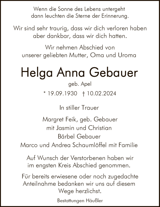 Traueranzeige von Helga Anna Gebauer von HZ