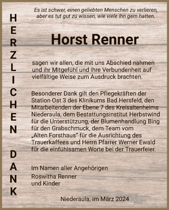 Traueranzeige von Horst Renner von HZ