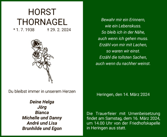 Traueranzeige von Horst Thornagel von HZ