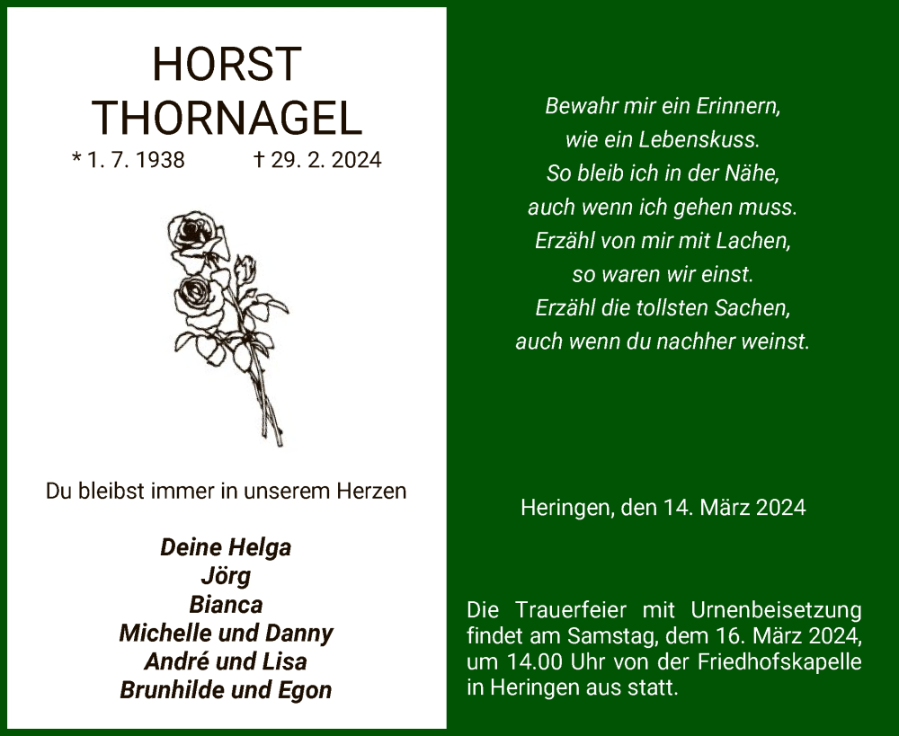  Traueranzeige für Horst Thornagel vom 14.03.2024 aus HZ