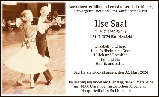 Traueranzeige von Ilse Saal von HZ