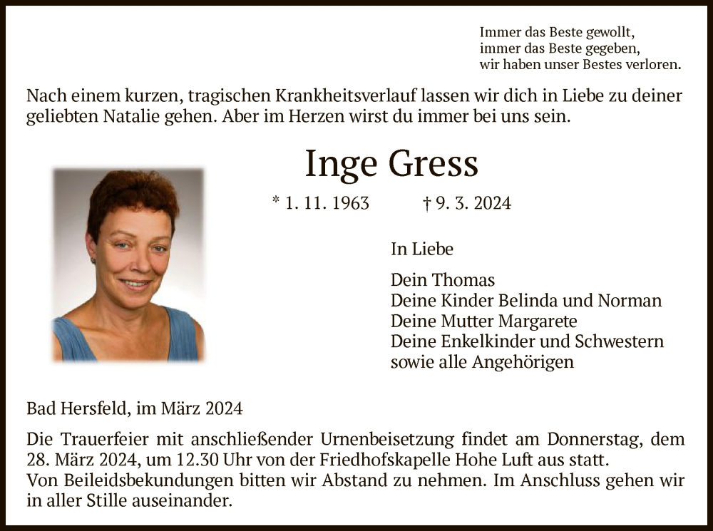  Traueranzeige für Inge Gress vom 23.03.2024 aus HZ