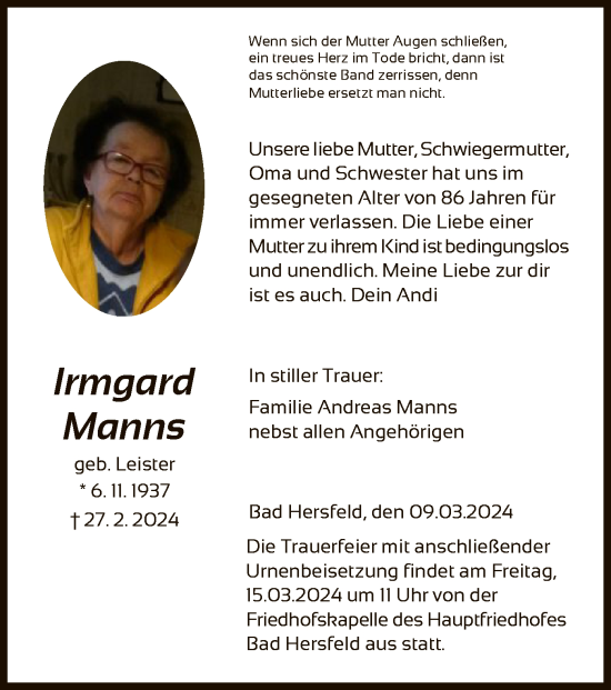 Traueranzeige von Irmgard Manns von HZHNA