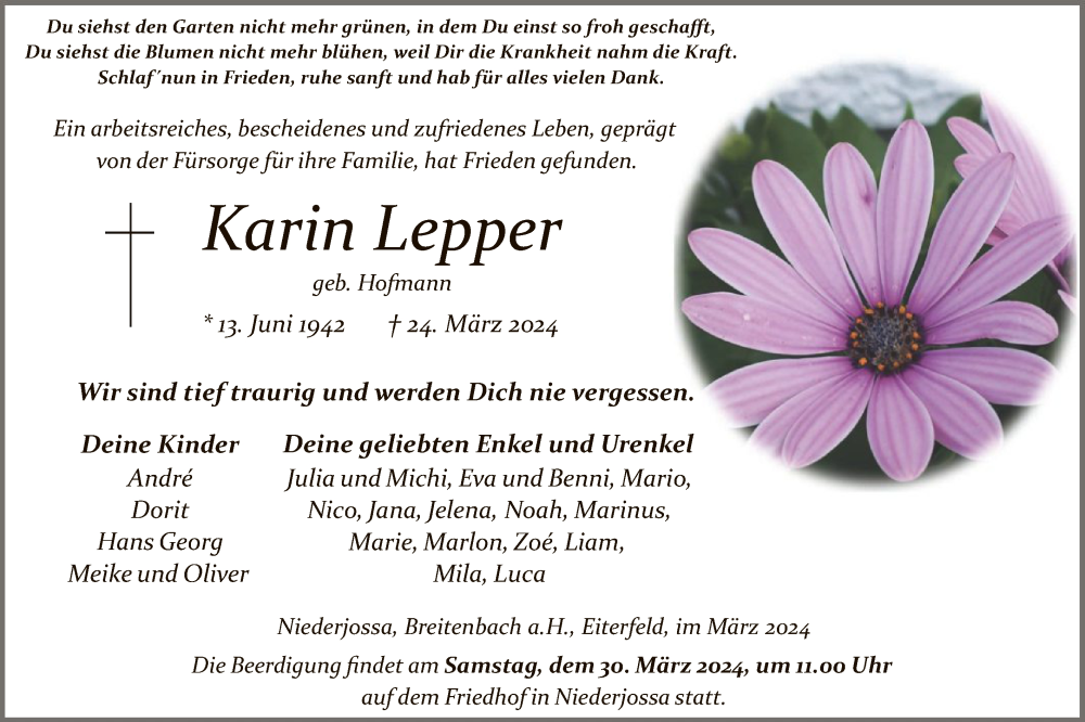  Traueranzeige für Karin Lepper vom 28.03.2024 aus HZ
