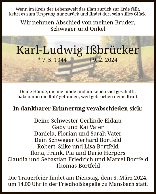 Traueranzeige von Karl-Ludwig Ißbrücker von HZ