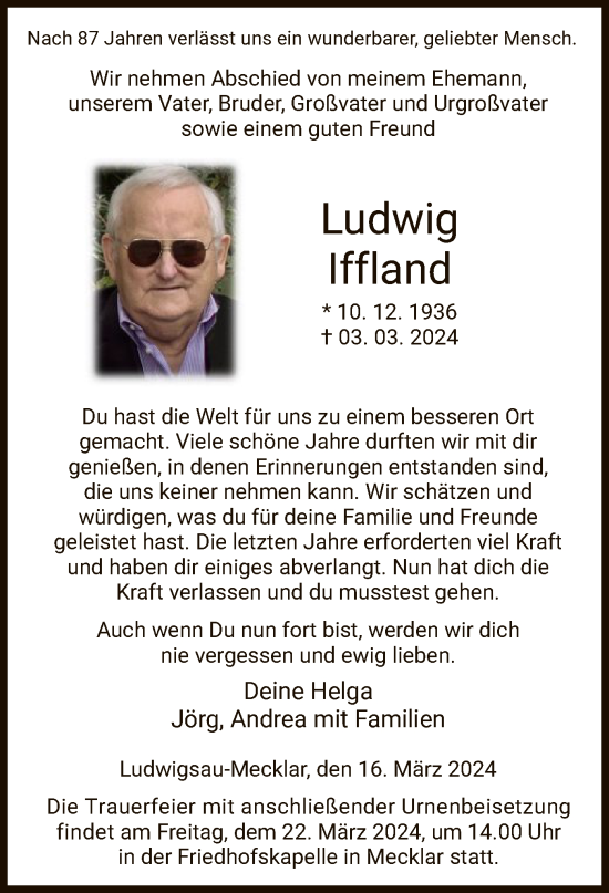 Traueranzeige von Ludwig Iffland von HZHNA