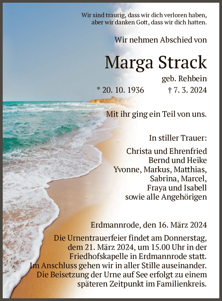  Traueranzeige für Marga Strack vom 16.03.2024 aus HZ