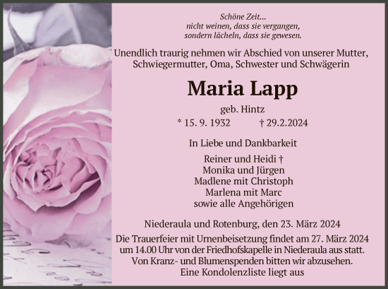 Traueranzeige von Maria Lapp von HZ