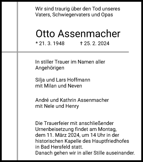 Traueranzeige von Otto Assenmacher von HZ