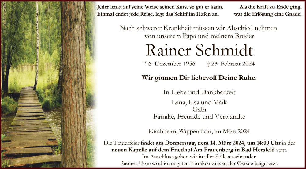  Traueranzeige für Rainer Schmidt vom 09.03.2024 aus HZHNA