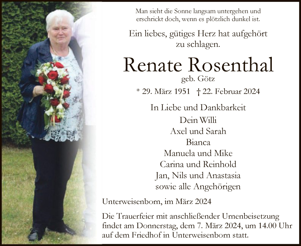  Traueranzeige für Renate Rosenthal vom 02.03.2024 aus HZ