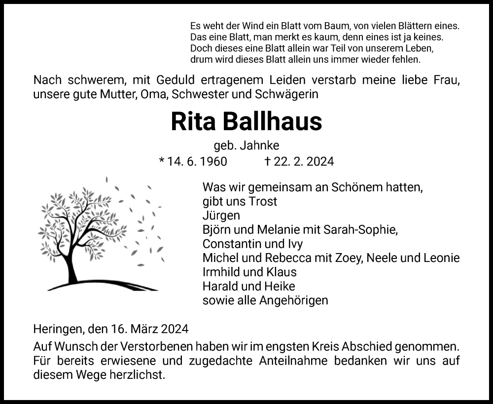  Traueranzeige für Rita Ballhaus vom 16.03.2024 aus HZ