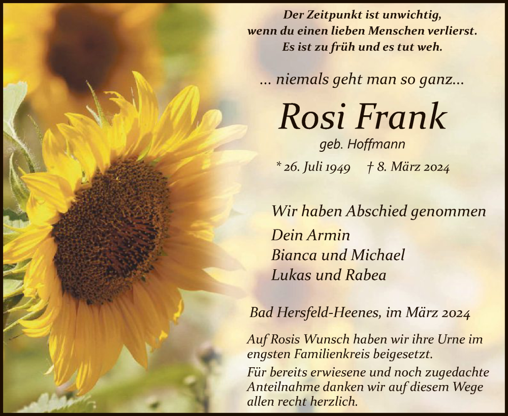 Traueranzeige für Rosi Frank vom 23.03.2024 aus HZHNA