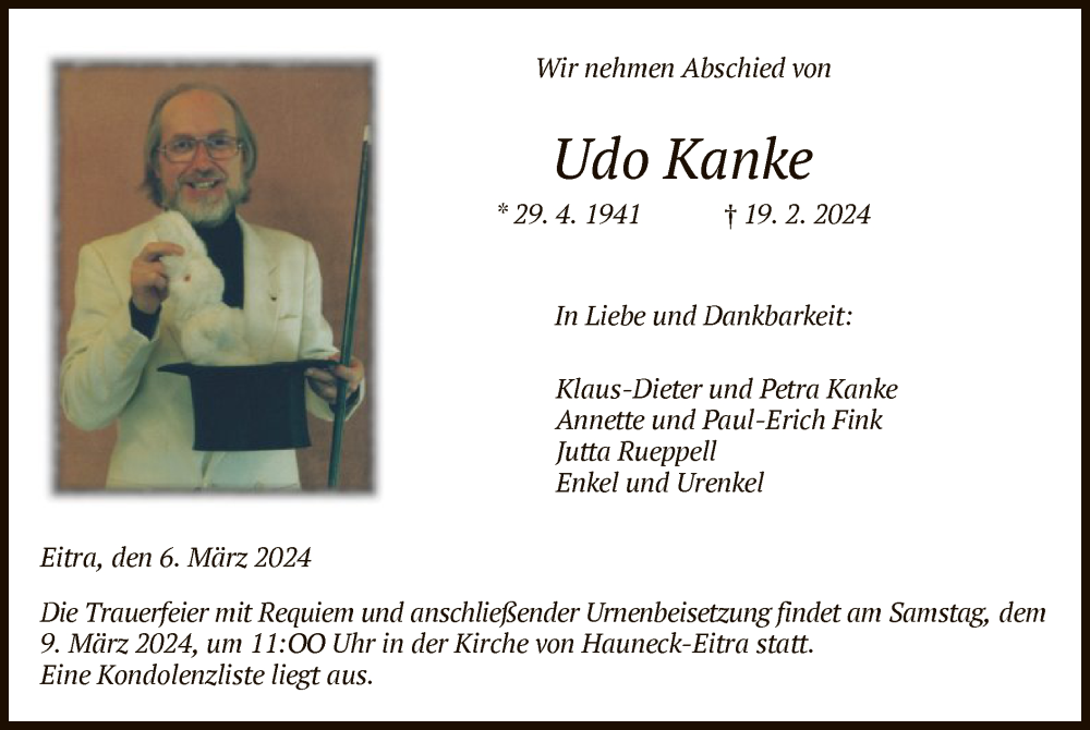  Traueranzeige für Udo Kanke vom 06.03.2024 aus HZ
