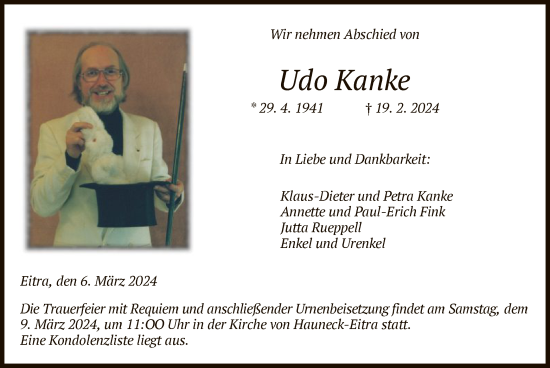 Traueranzeige von Udo Kanke von HZ