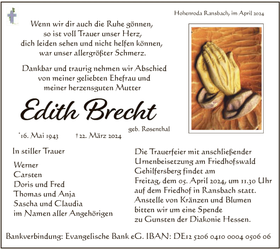 Traueranzeige von Edith Brecht von HZ