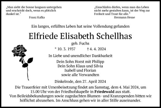 Traueranzeige von Elfriede Elisabeth Schellhas von HZ