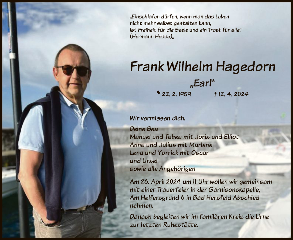  Traueranzeige für Frank Wilhelm Hagedorn vom 20.04.2024 aus HZHNA
