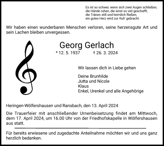 Traueranzeige von Georg Gerlach von HZ