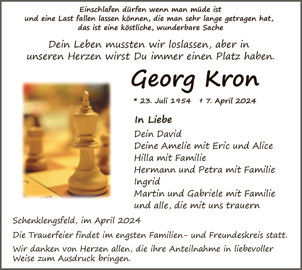  Traueranzeige für Georg Kron vom 13.04.2024 aus HZ