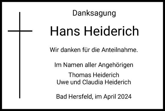 Traueranzeige von Hans Heiderich von HZ