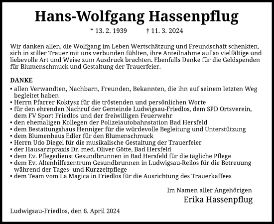Traueranzeige von Hans-Wolfgang Hassenpflug von HZ