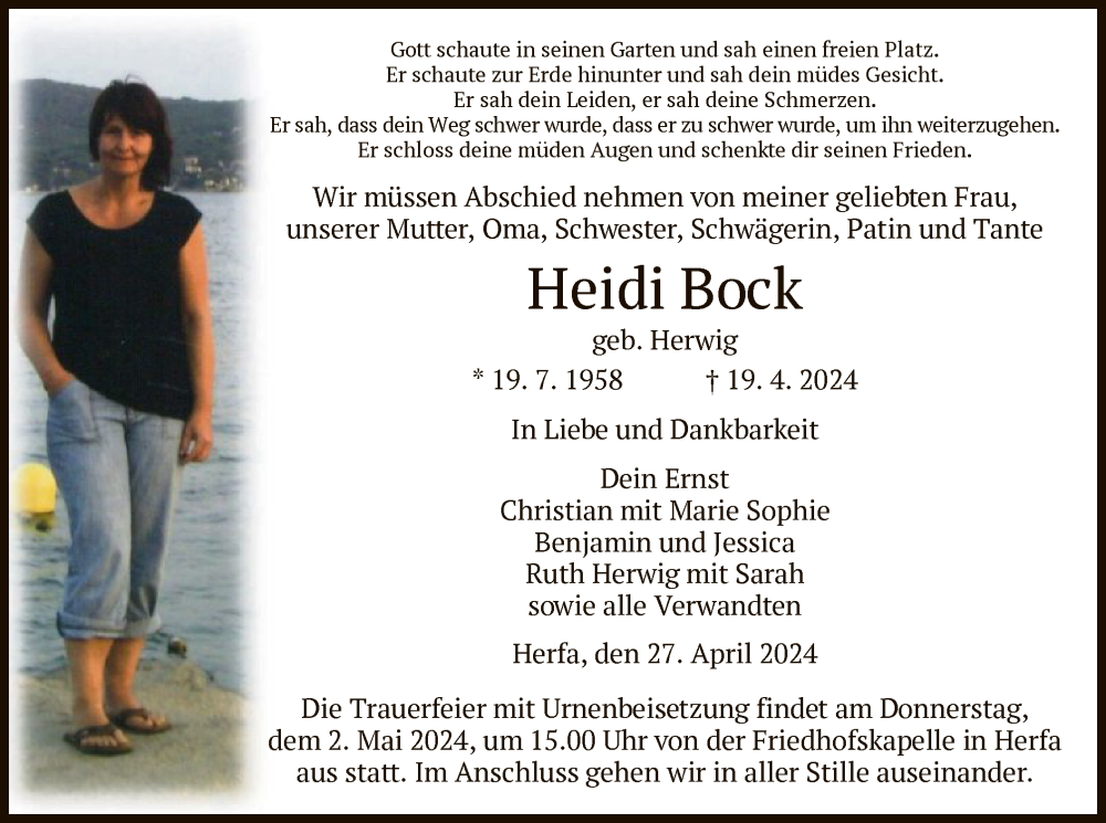  Traueranzeige für Heidi Bock vom 27.04.2024 aus HZ
