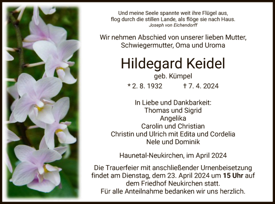 Traueranzeige von Hildegard Keidel von HZ