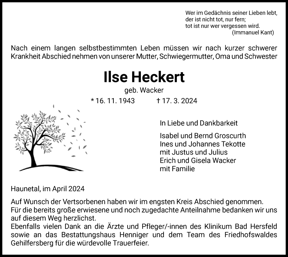  Traueranzeige für Ilse Heckert vom 13.04.2024 aus HZ