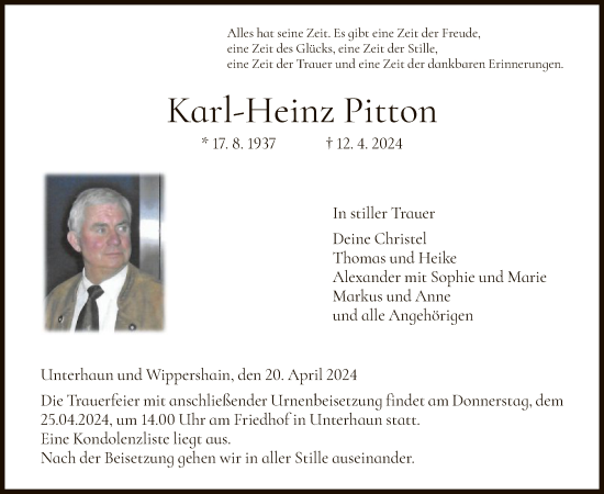 Traueranzeige von Karl-Heinz Pitton von HZ