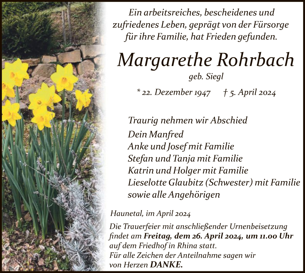  Traueranzeige für Margarethe Rohrbach vom 23.04.2024 aus HZ