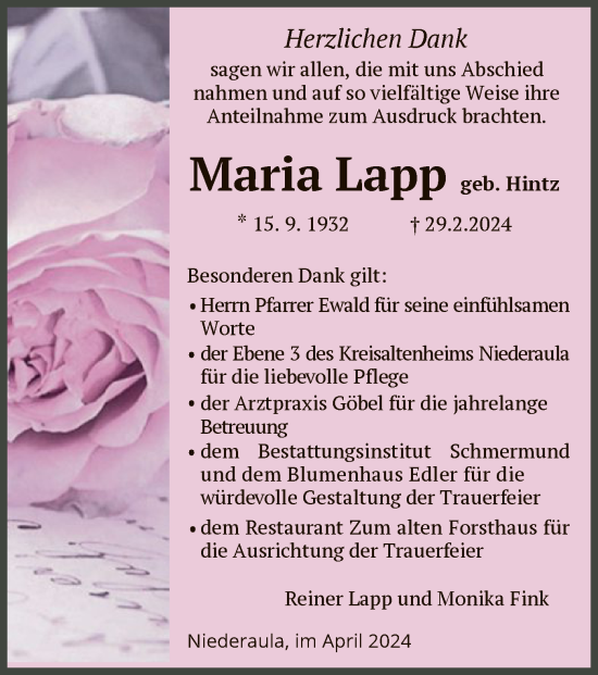 Traueranzeige von Maria Lapp von HZ