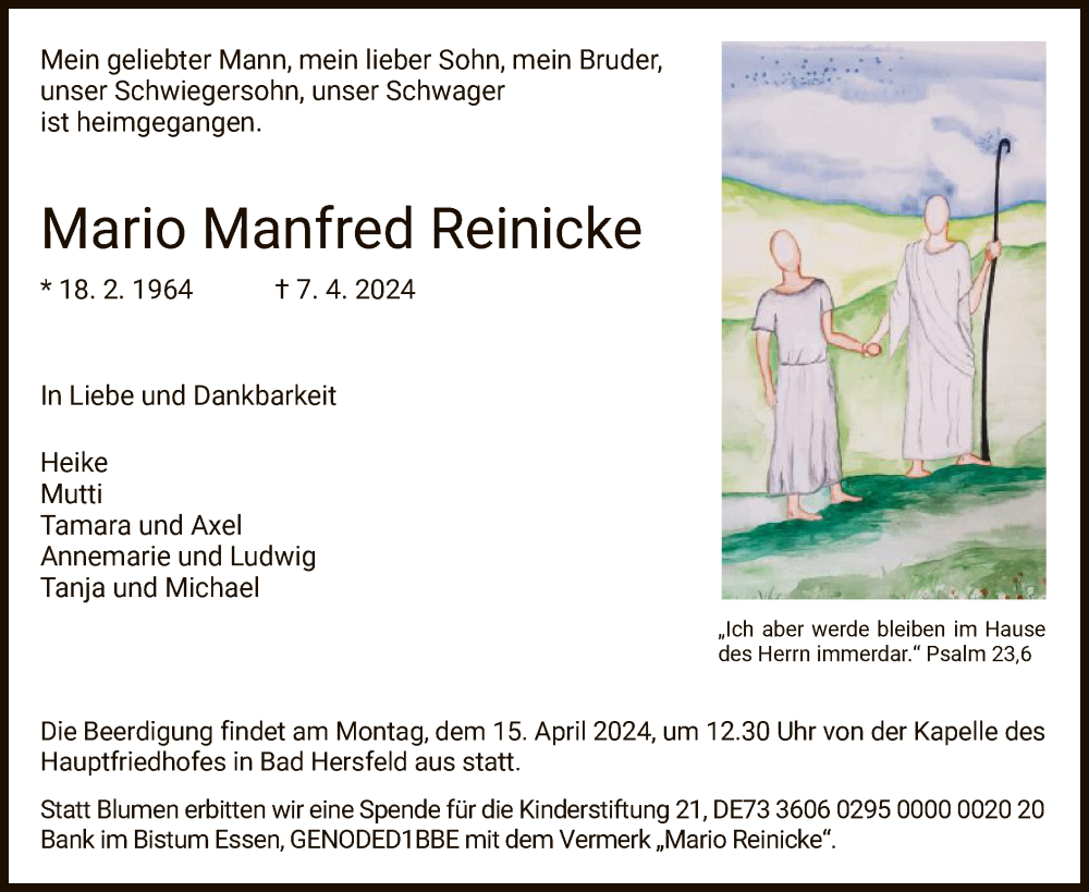 Traueranzeige für Mario Manfred Reinicke vom 13.04.2024 aus HZ
