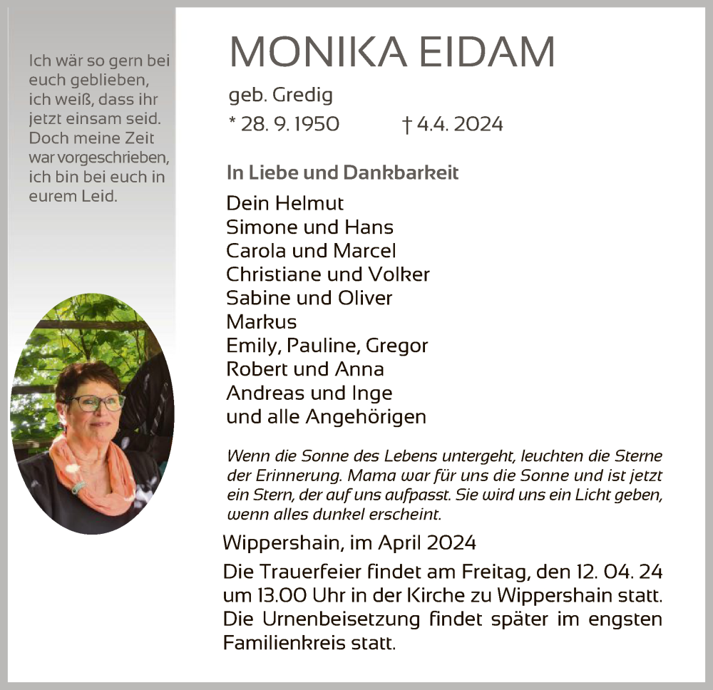  Traueranzeige für Monika Eidam vom 09.04.2024 aus HZ