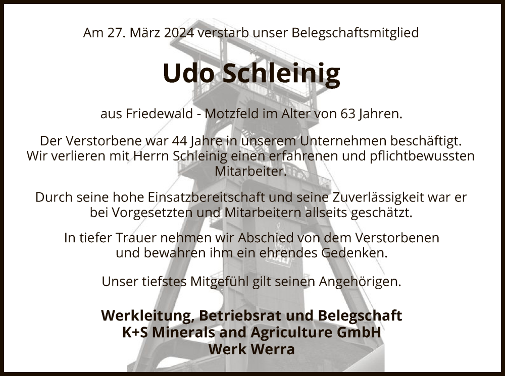  Traueranzeige für Udo Schleinig vom 06.04.2024 aus HZ